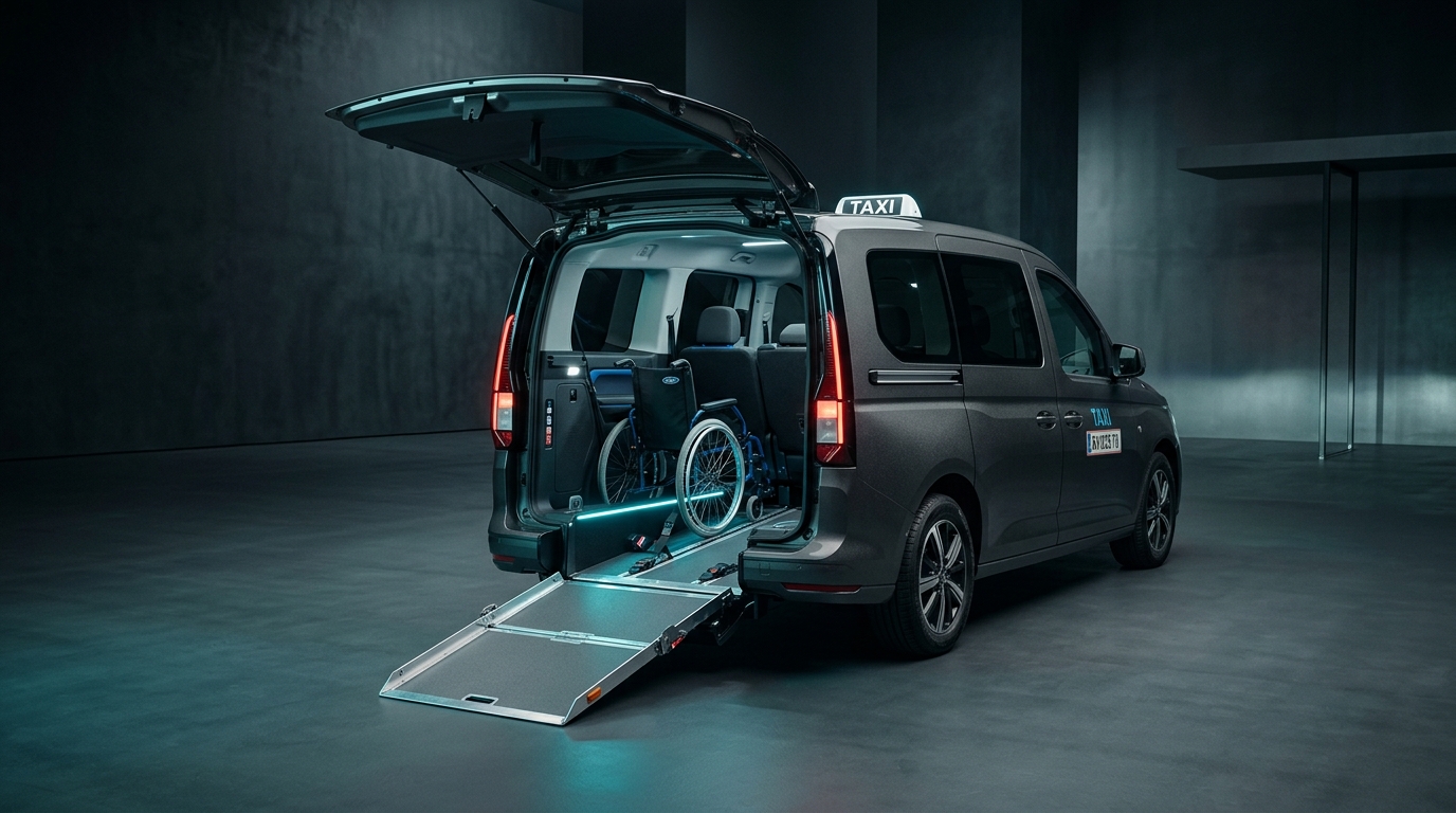 Ford Tourneo Connect 2026 TPMR avec rampe déployée studio