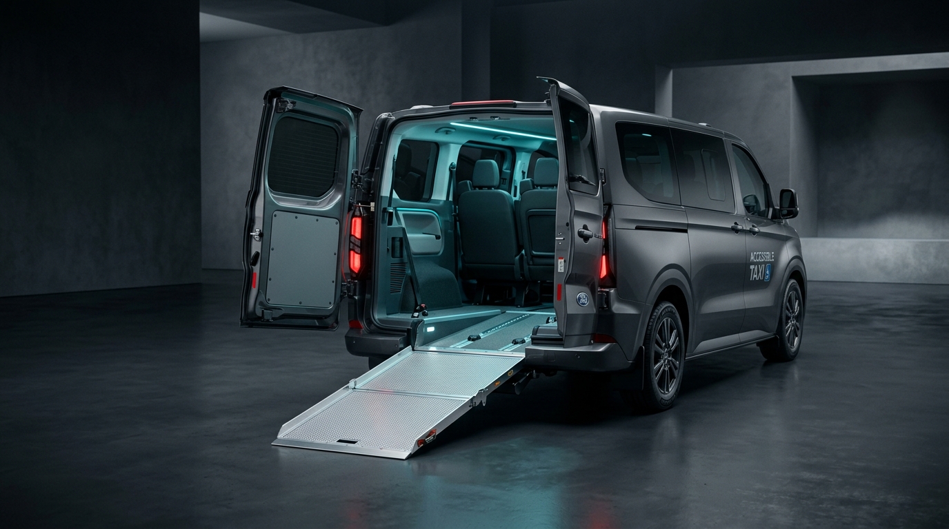 Ford Transit Custom 2026 TPMR avec rampe déployée studio